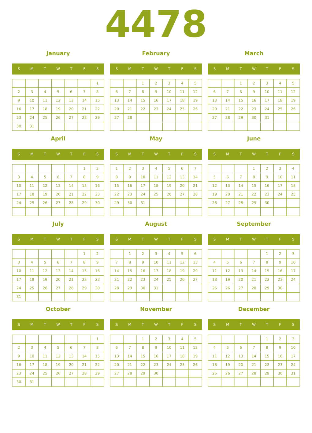 Printable 4478 Year Calendars chartreuse