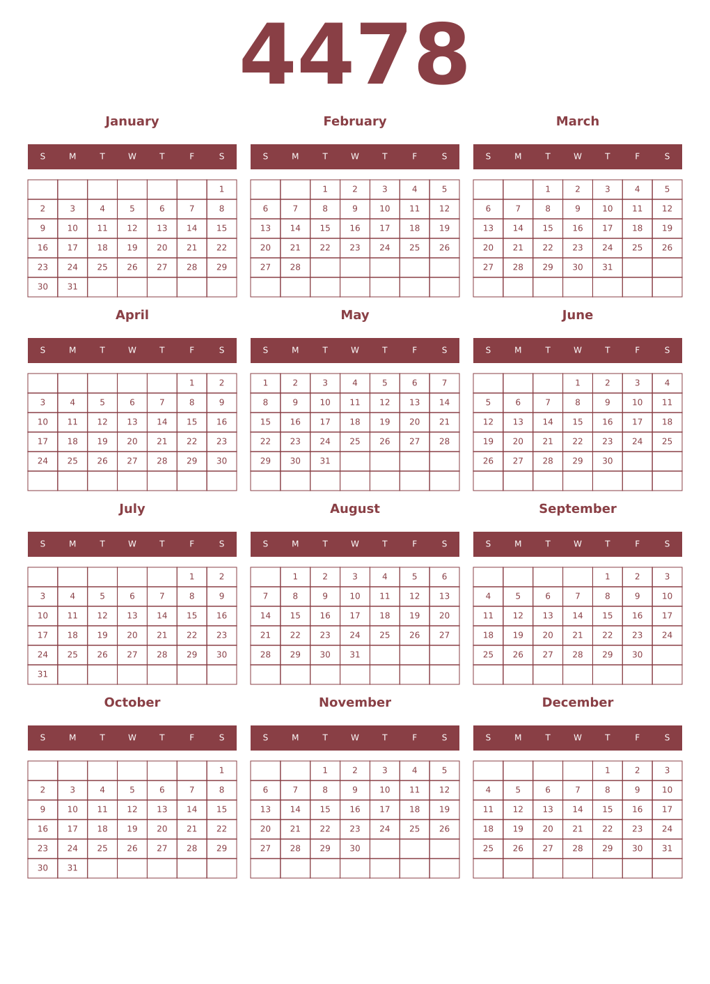 Printable 4478 Year Calendars cordovan
