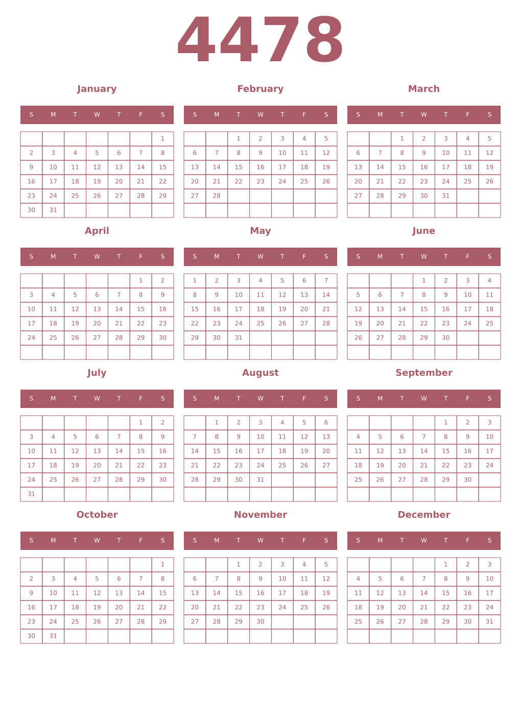 Printable 4478 Year Calendars puce