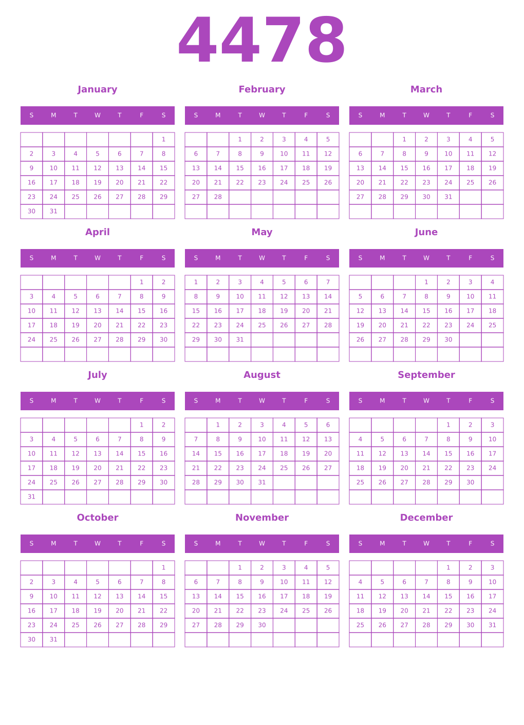 Printable 4478 Year Calendars purple