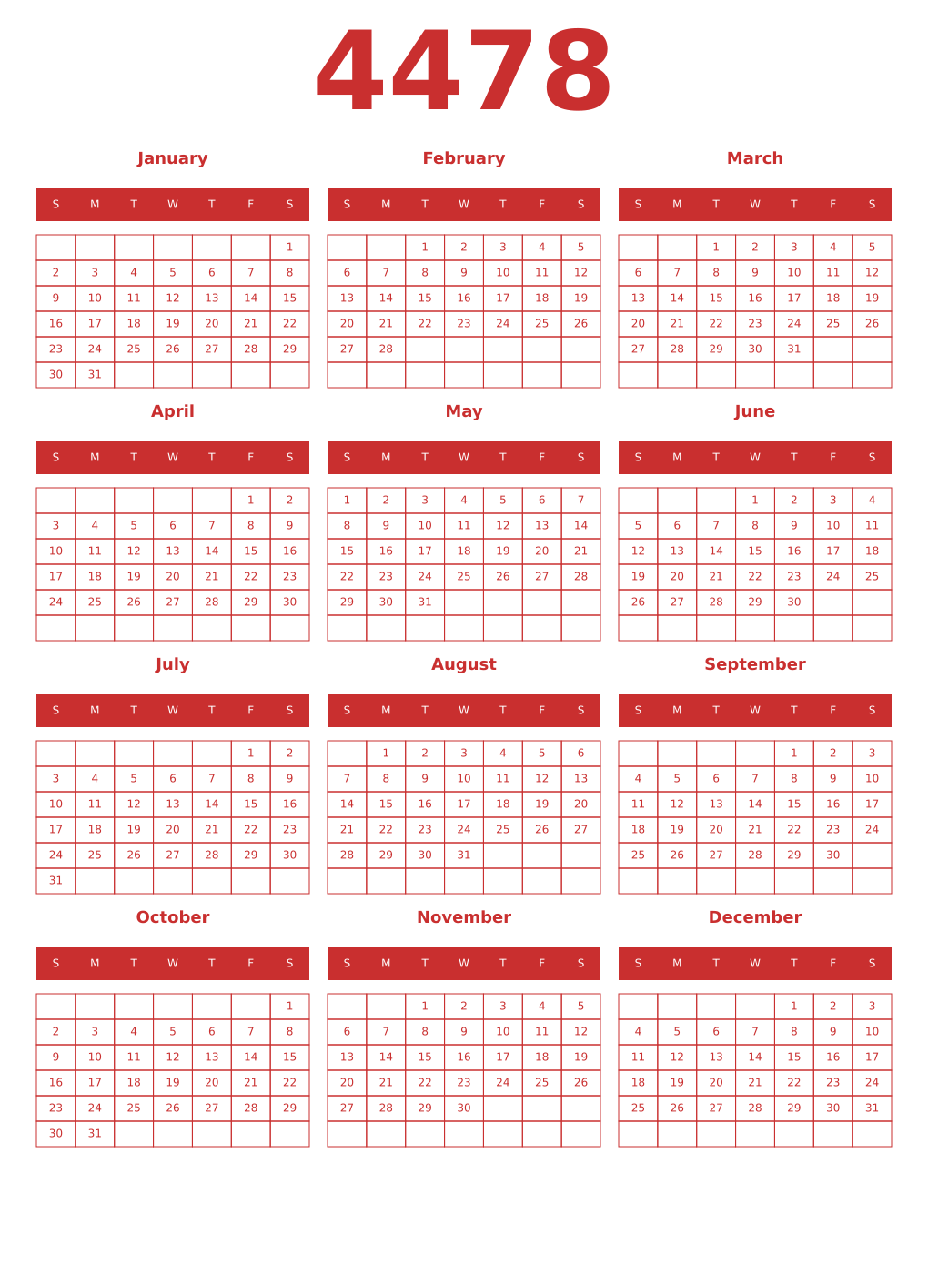 Printable 4478 Year Calendars red