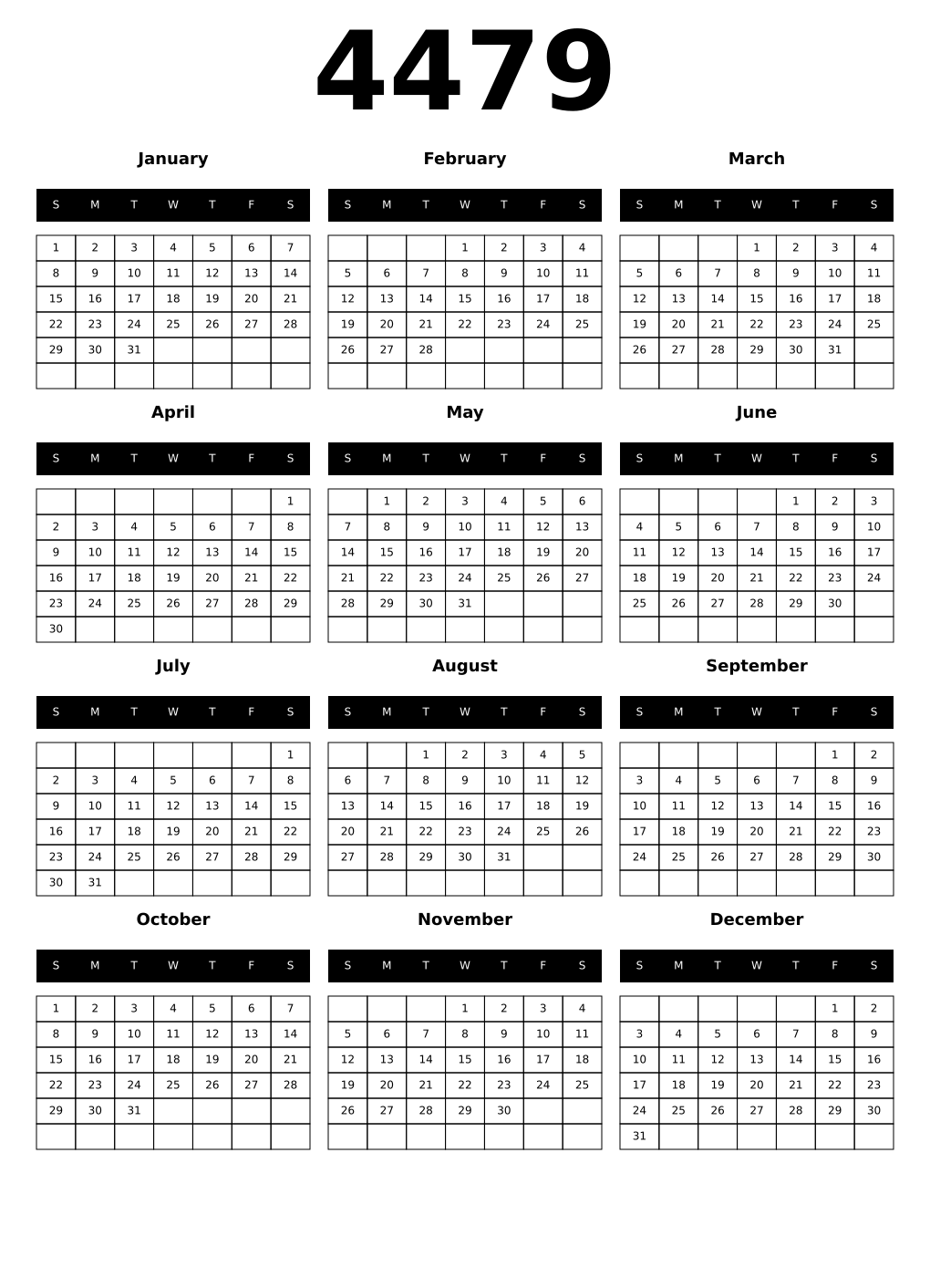 Printable 4479 Year Calendars black