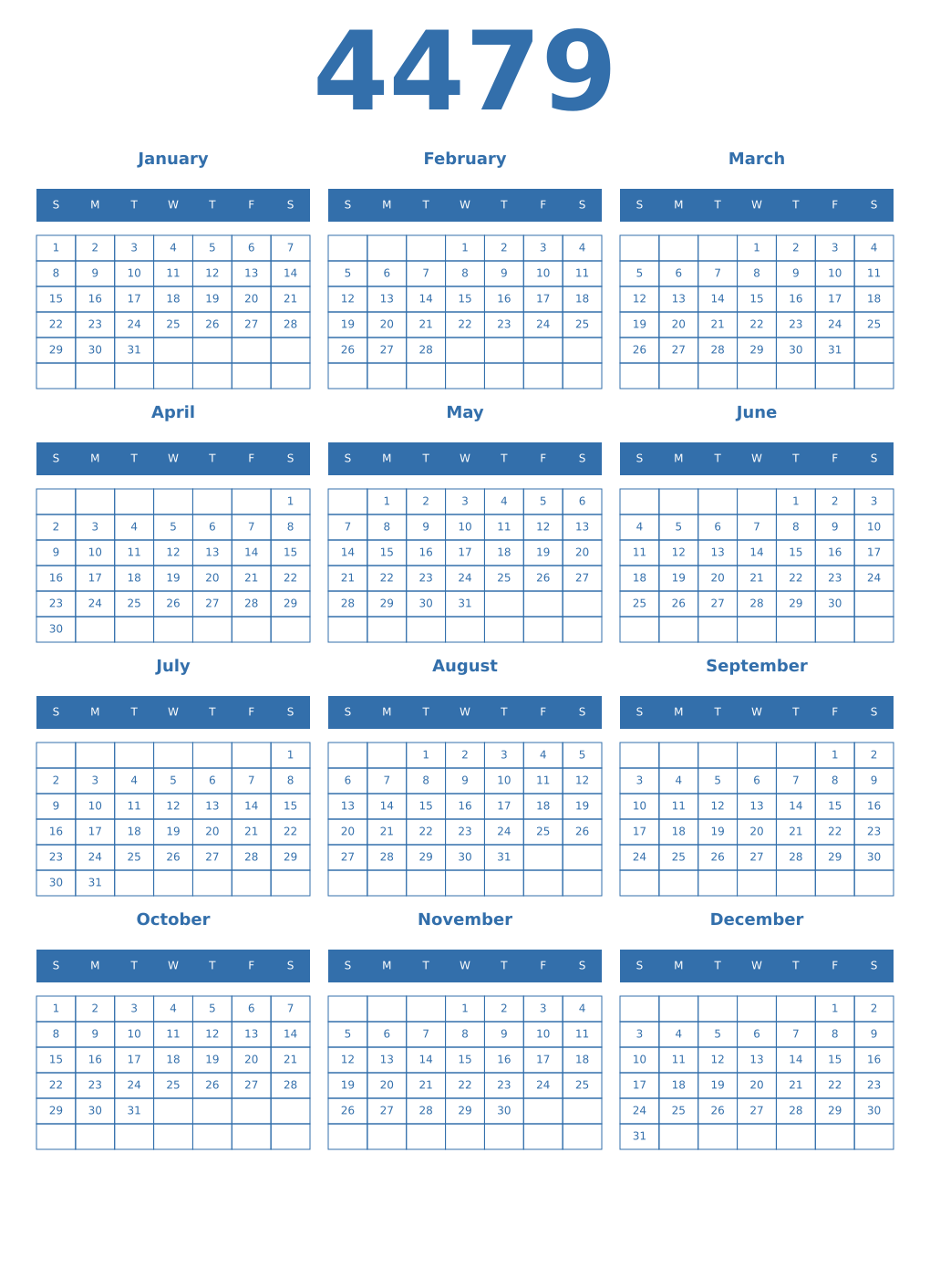 Printable 4479 Year Calendars blue