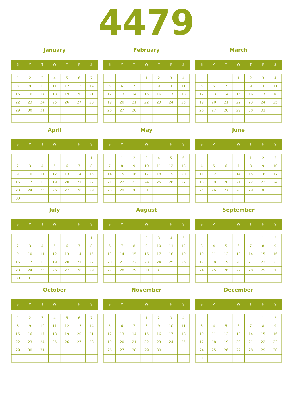 Printable 4479 Year Calendars chartreuse