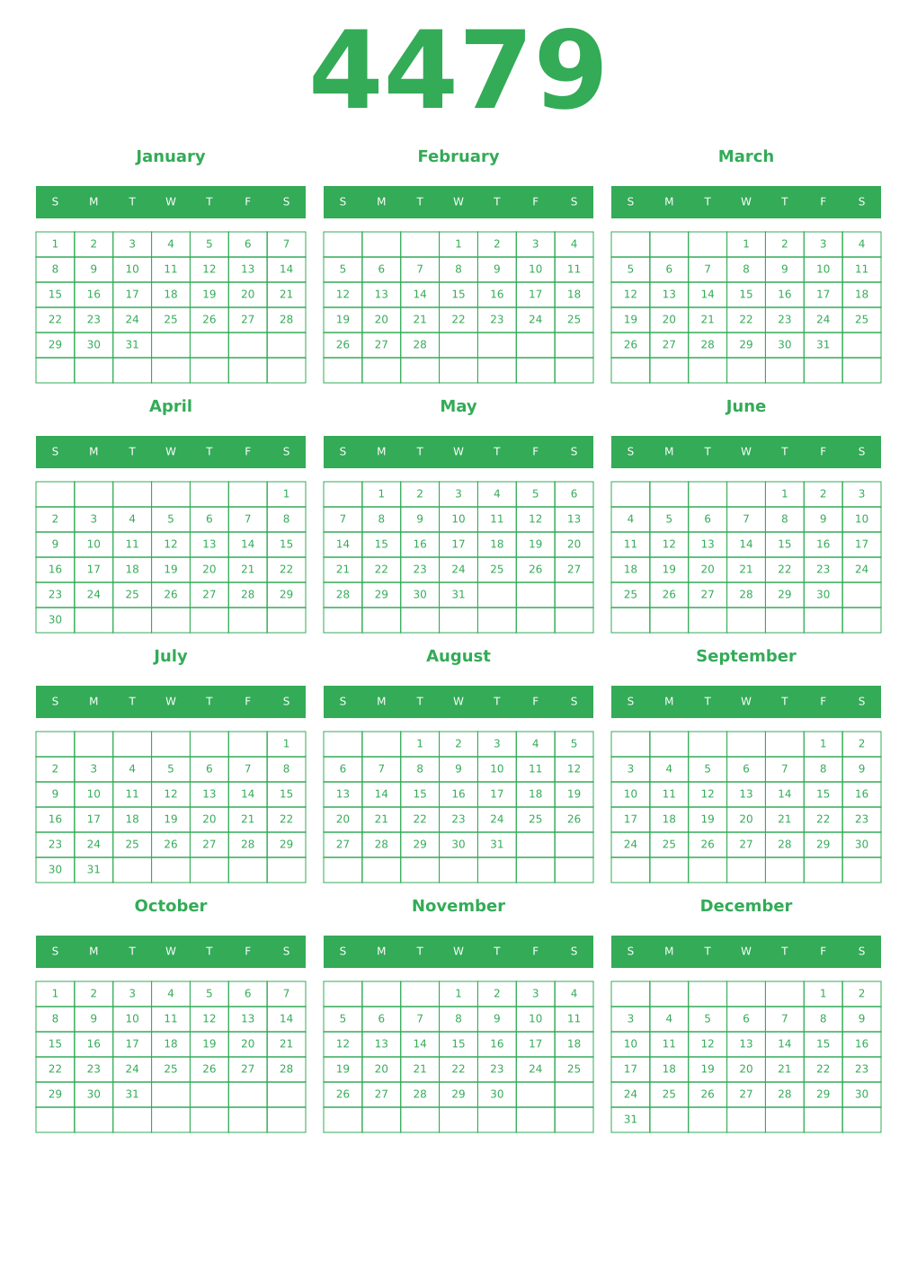 Printable 4479 Year Calendars green