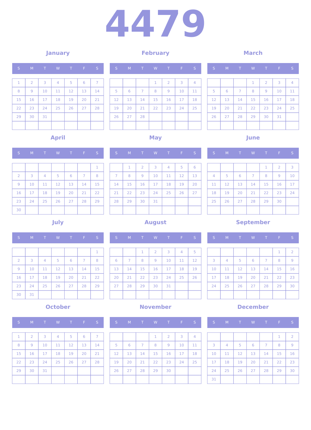 Printable 4479 Year Calendars periwinkle
