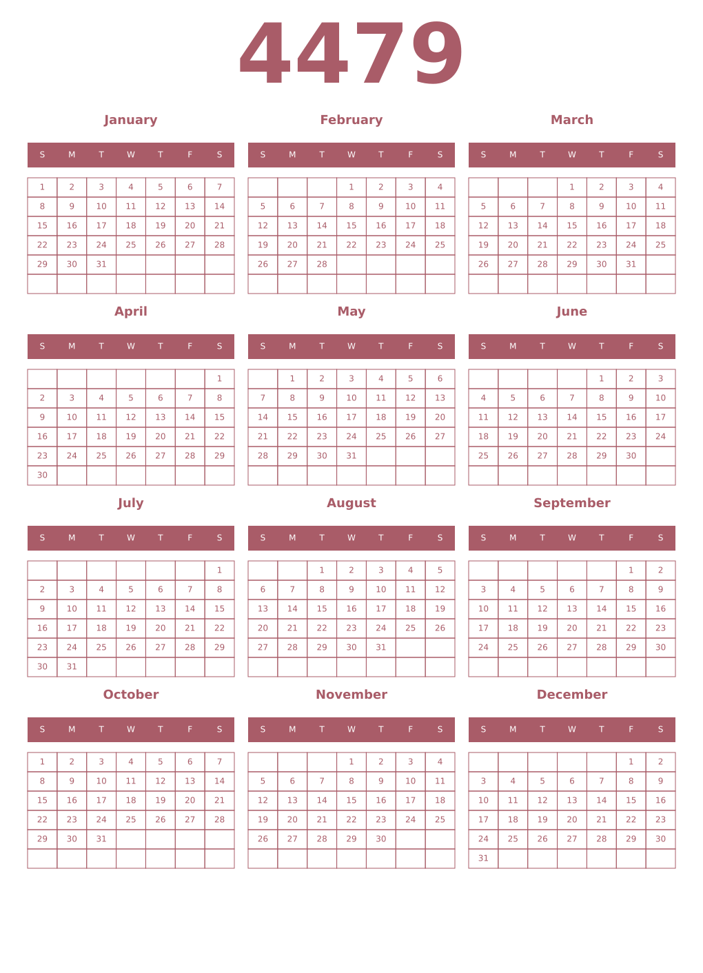 Printable 4479 Year Calendars puce