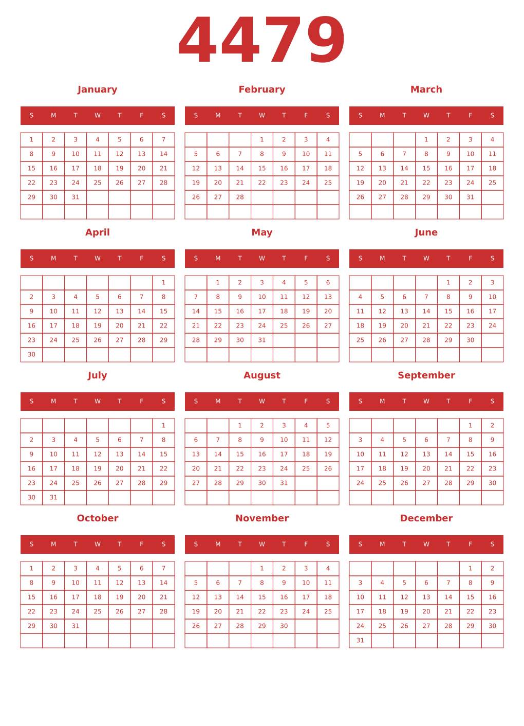 Printable 4479 Year Calendars red