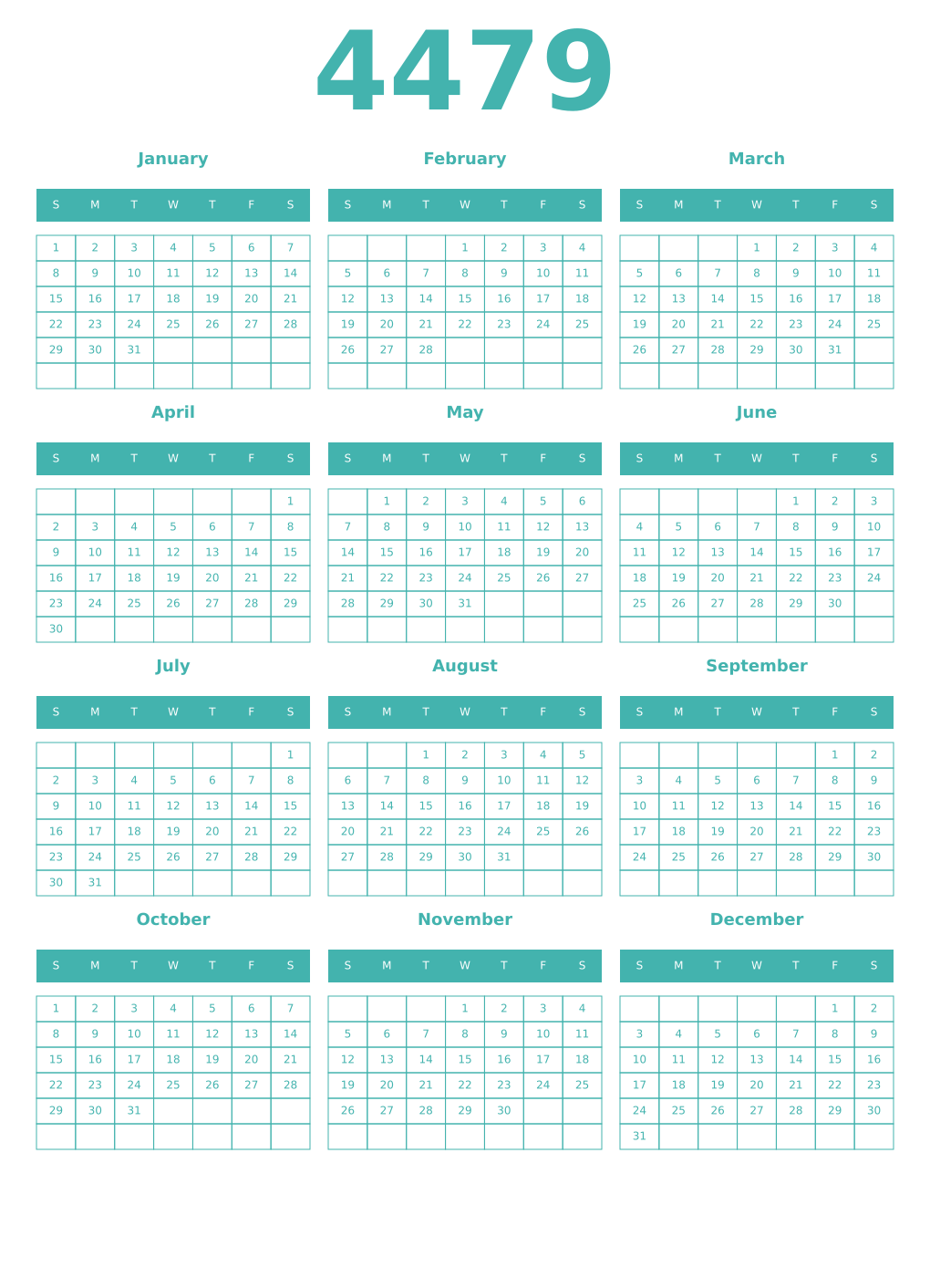 Printable 4479 Year Calendars verdigris