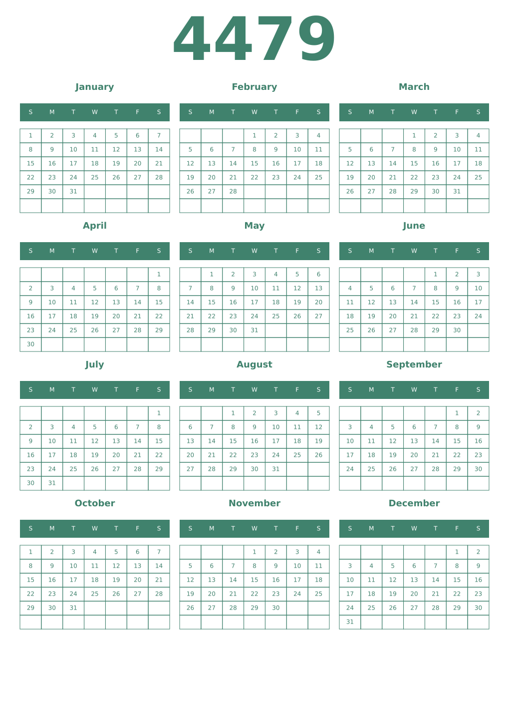 Printable 4479 Year Calendars viridian