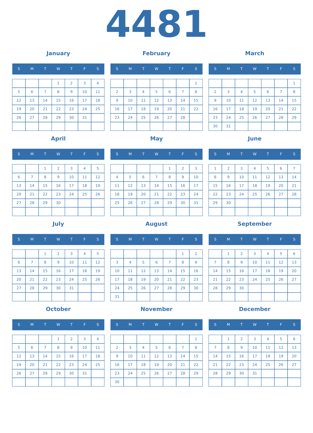Printable 4481 Year Calendars blue