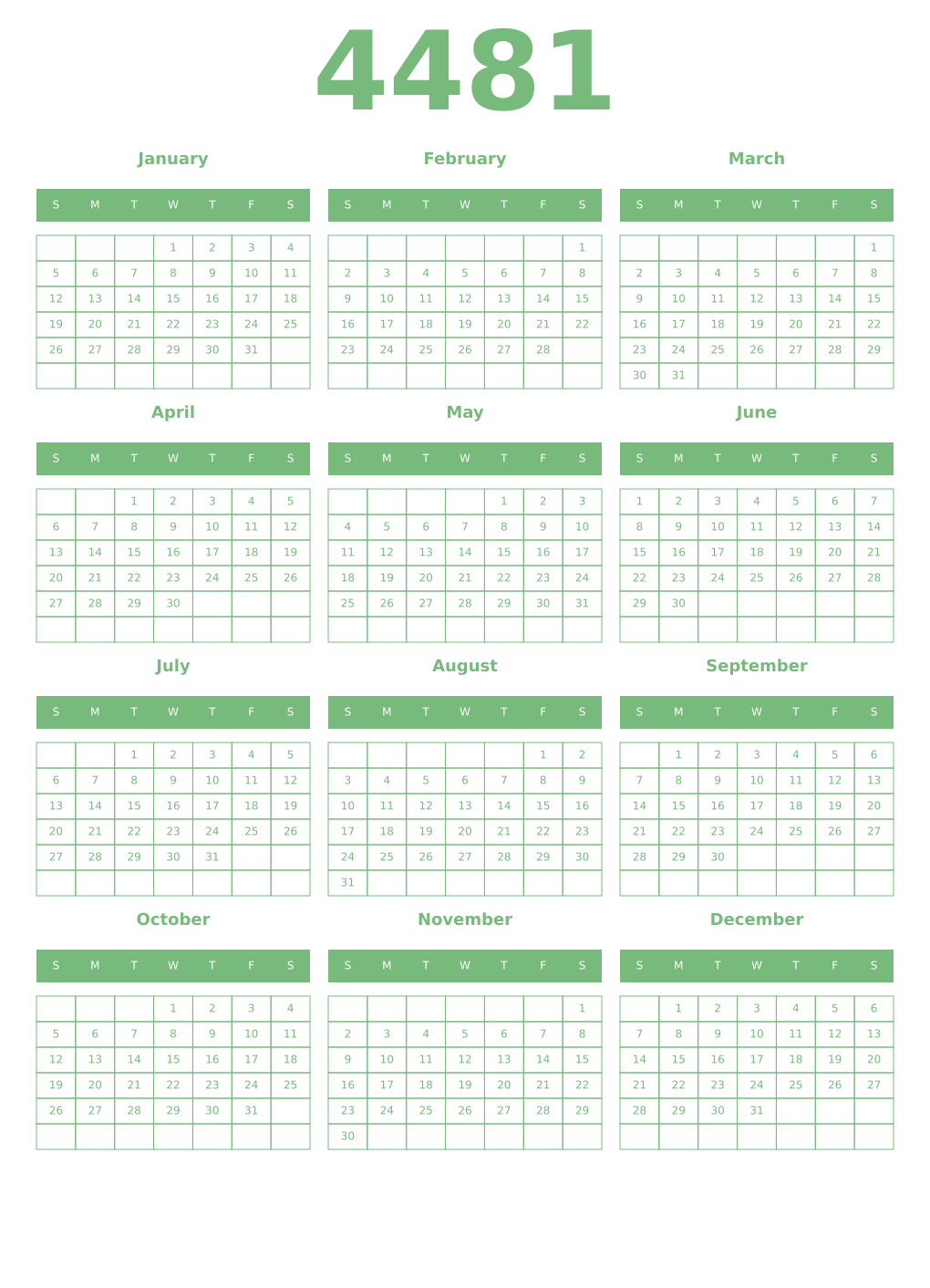 Printable 4481 Year Calendars celadon