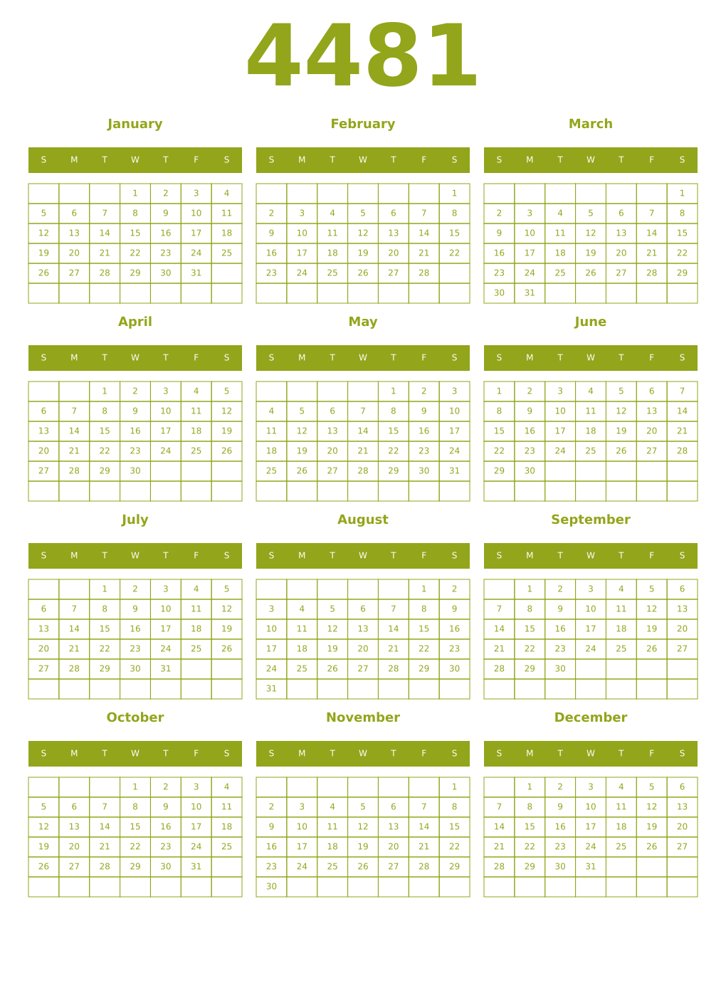 Printable 4481 Year Calendars chartreuse