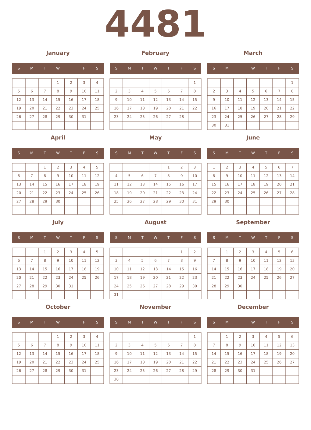 Printable 4481 Year Calendars coffe