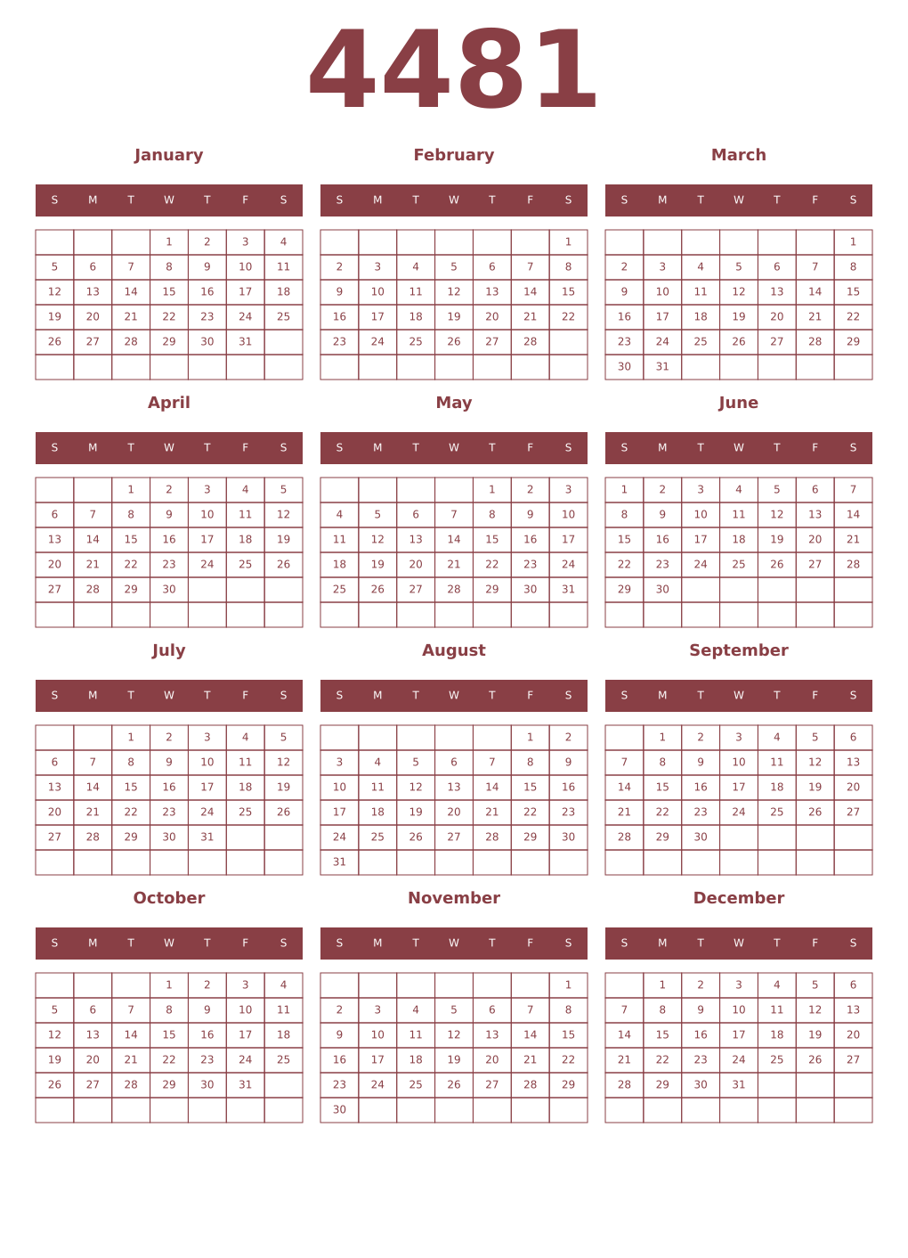 Printable 4481 Year Calendars cordovan