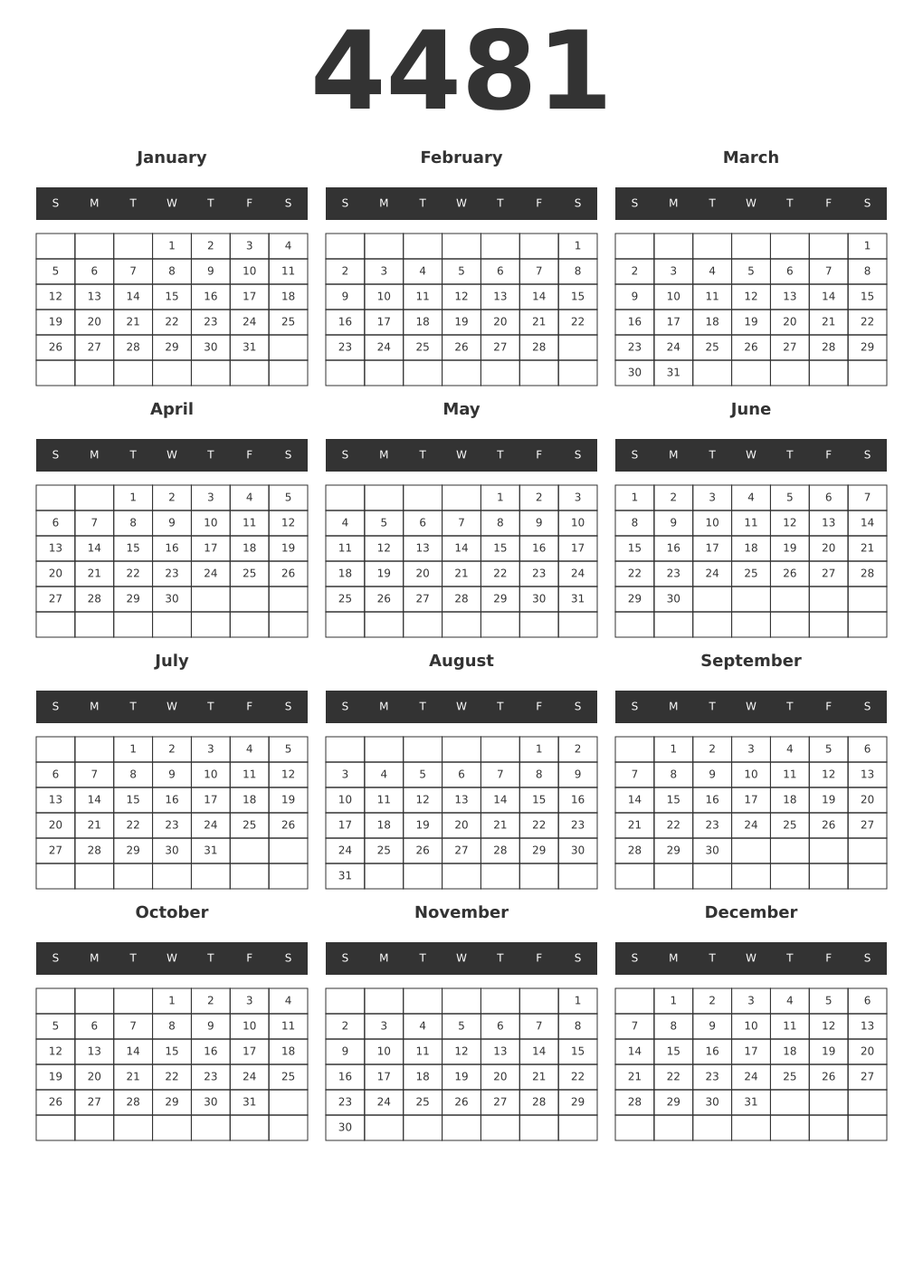 Printable 4481 Year Calendars dark