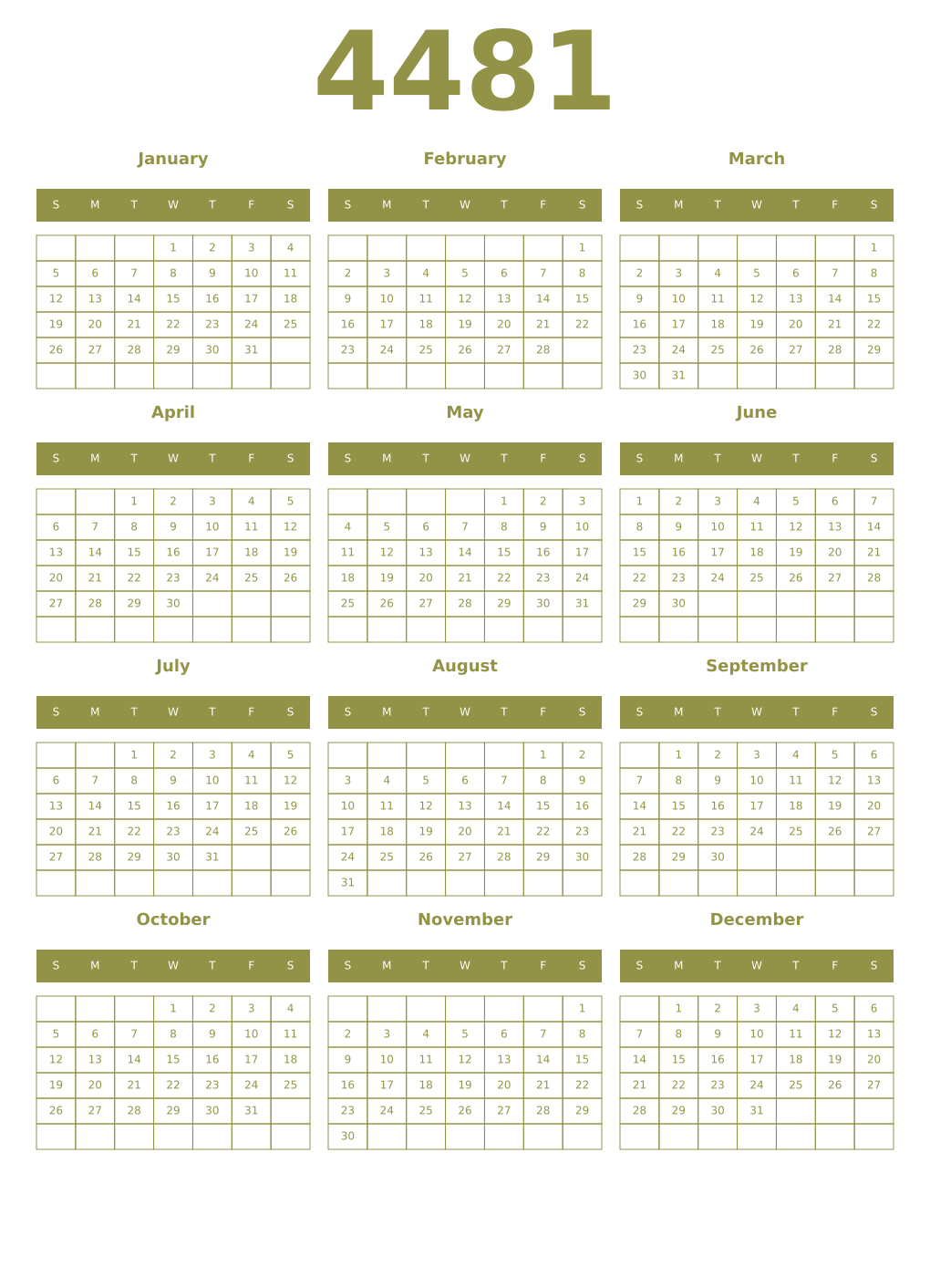Printable 4481 Year Calendars eburnean
