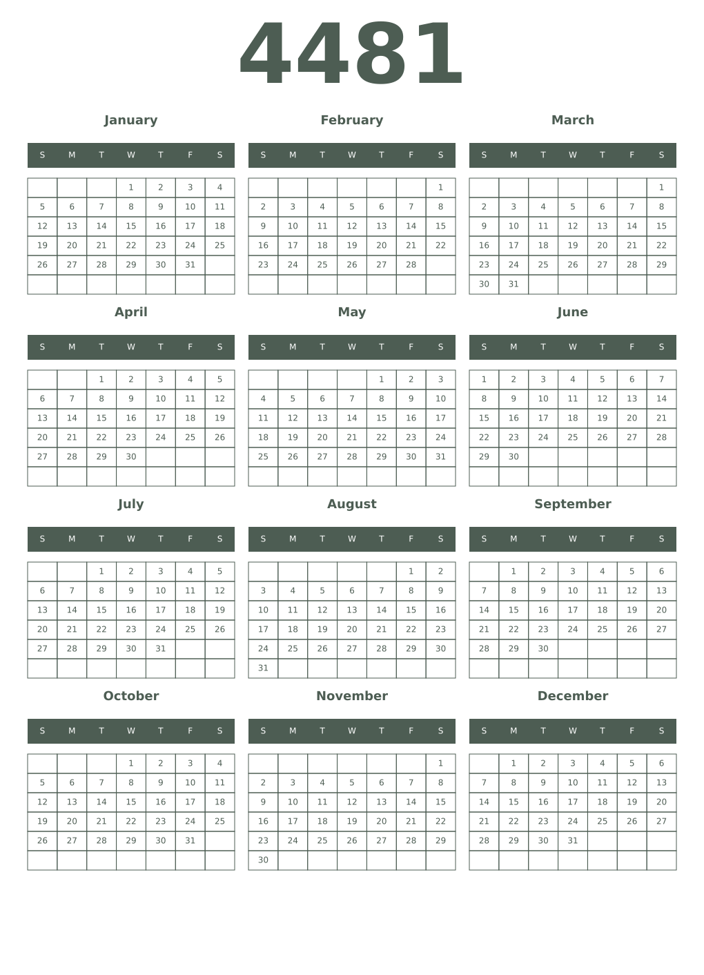 Printable 4481 Year Calendars feldgrau
