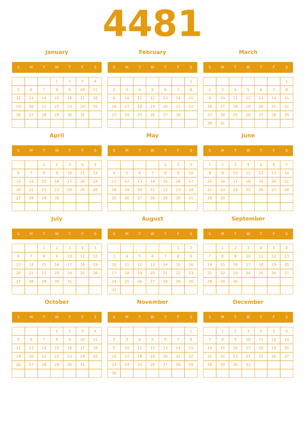 Printable 4481 Year Calendars gamboge