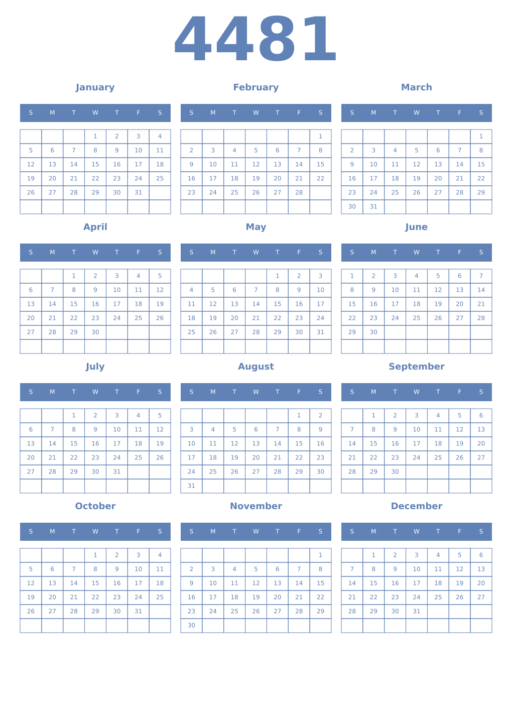 Printable 4481 Year Calendars glaucous