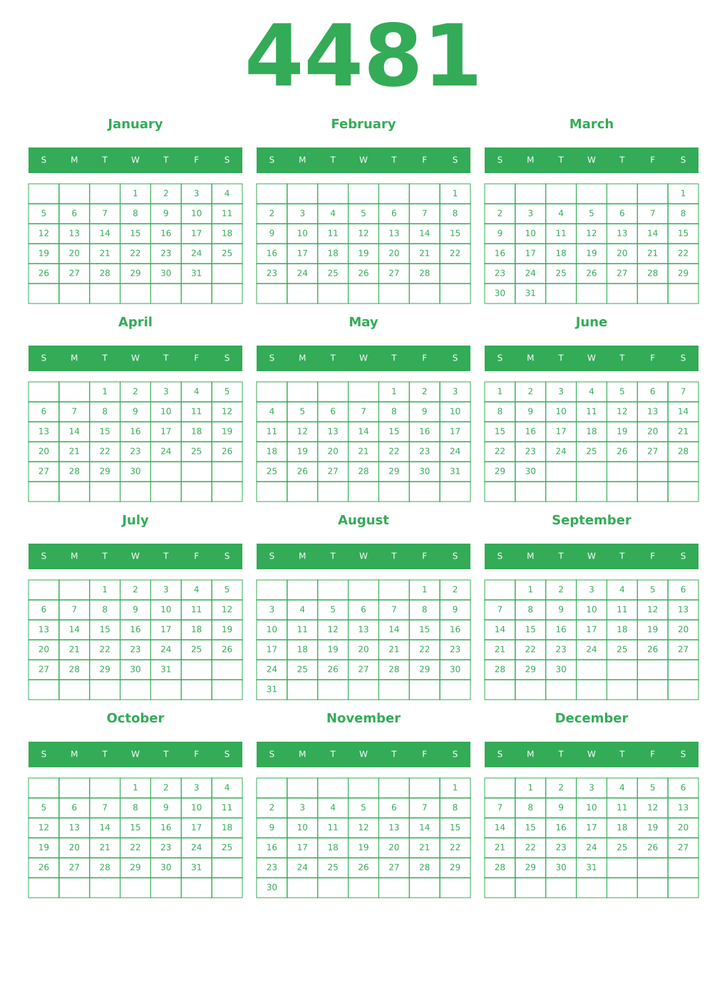 Printable 4481 Year Calendars green