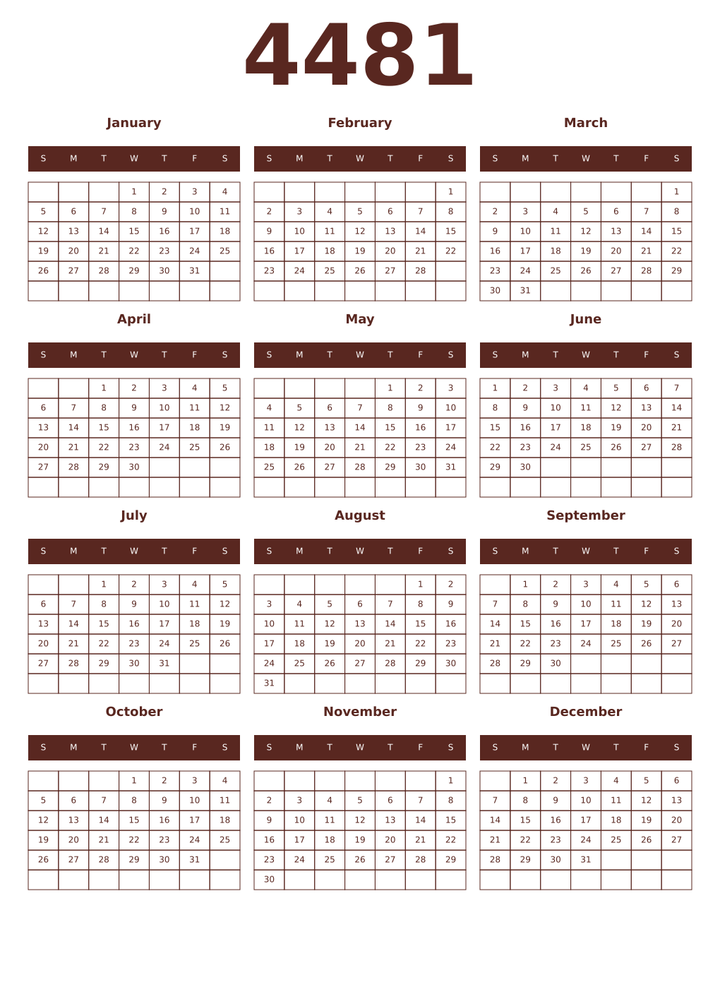 Printable 4481 Year Calendars mortuum