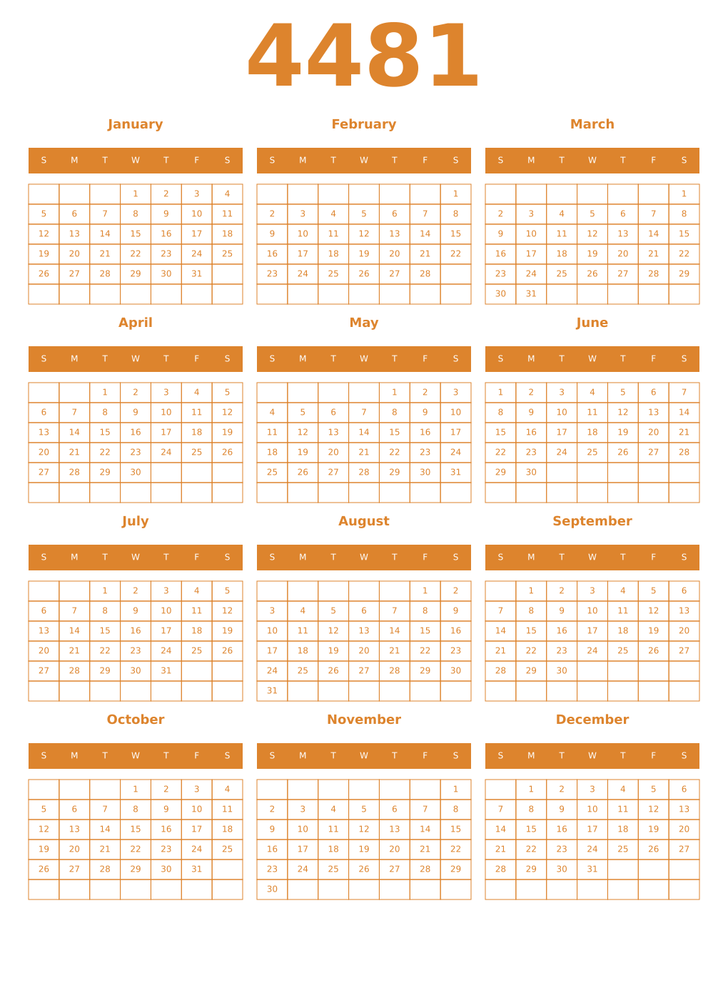 Printable 4481 Year Calendars orange