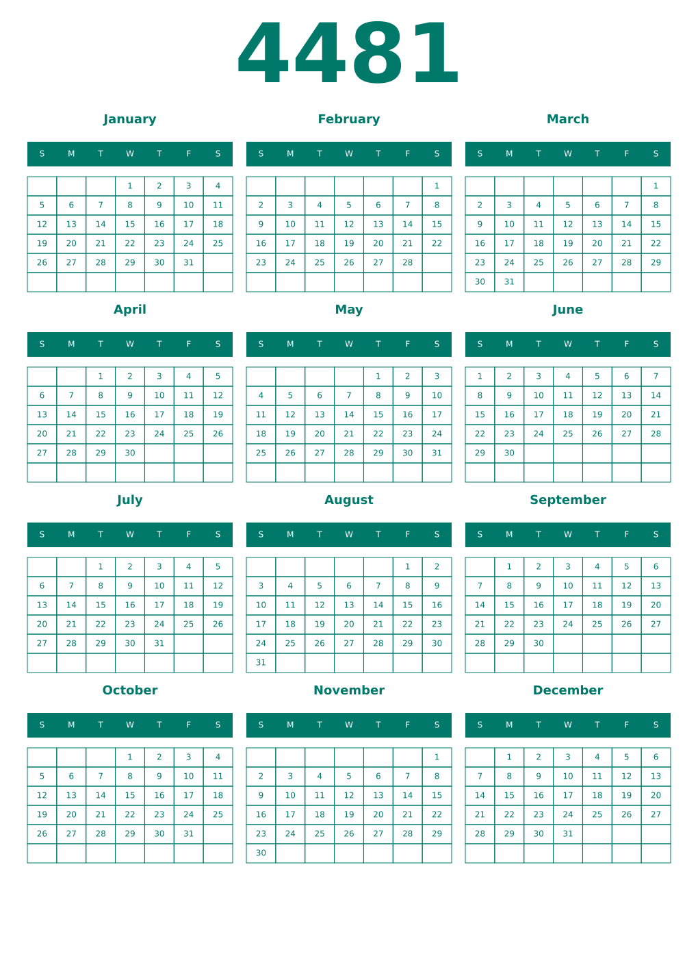 Printable 4481 Year Calendars pastel