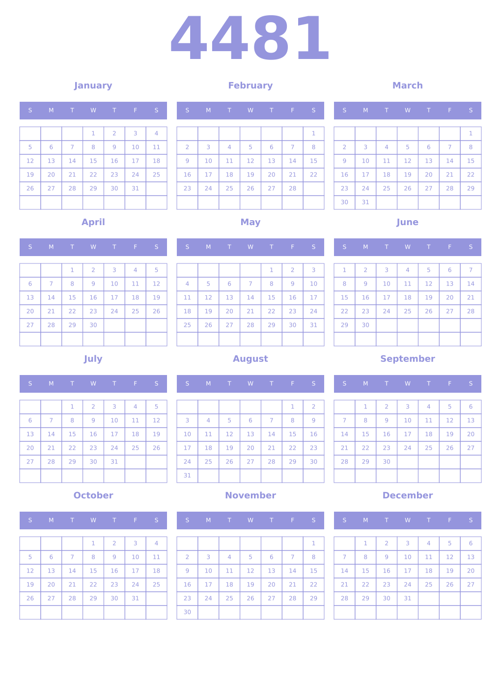 Printable 4481 Year Calendars periwinkle