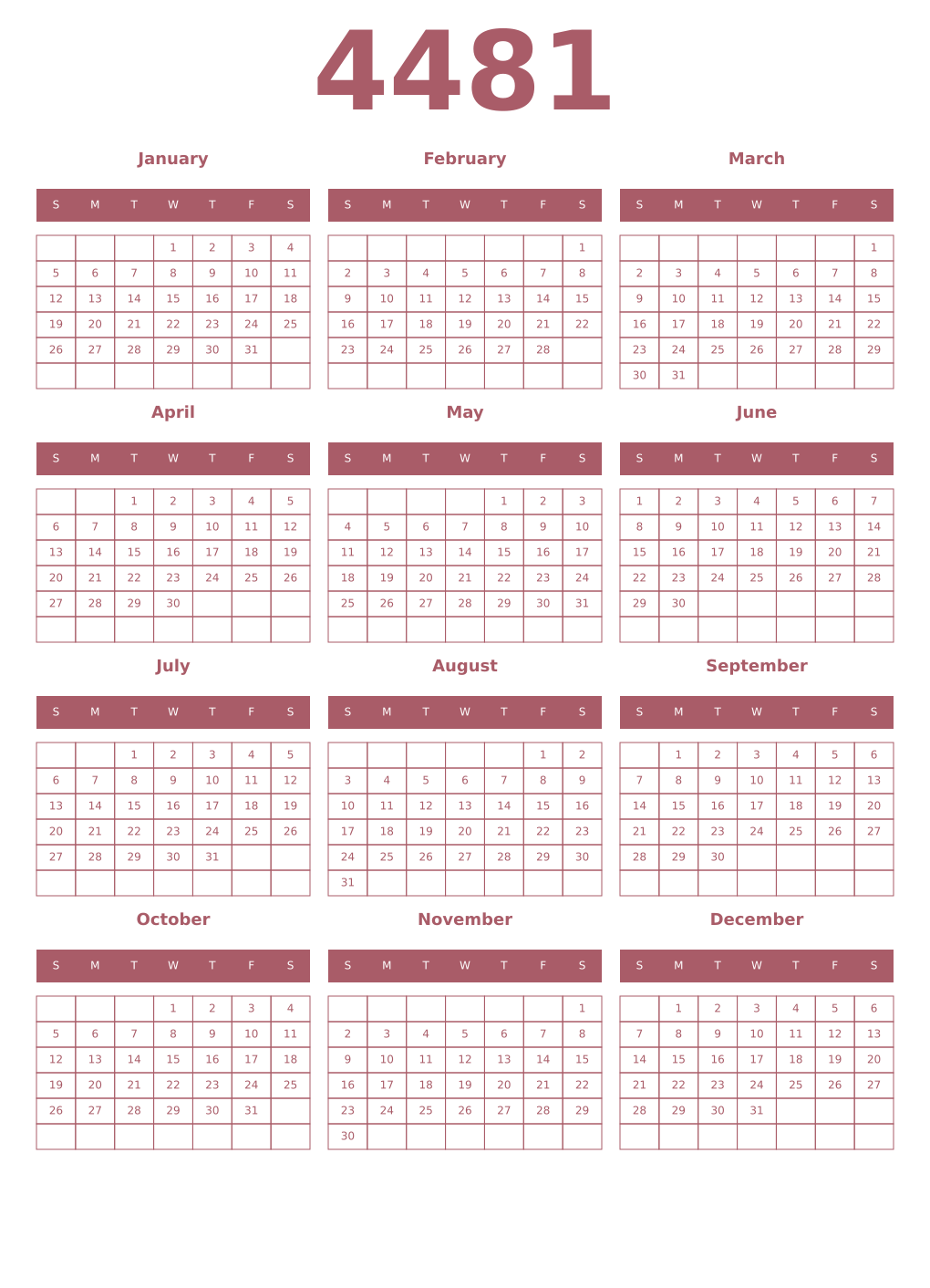 Printable 4481 Year Calendars puce