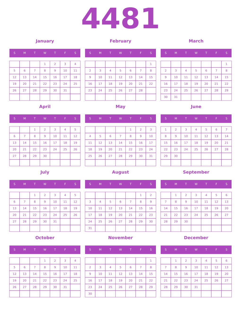 Printable 4481 Year Calendars purple