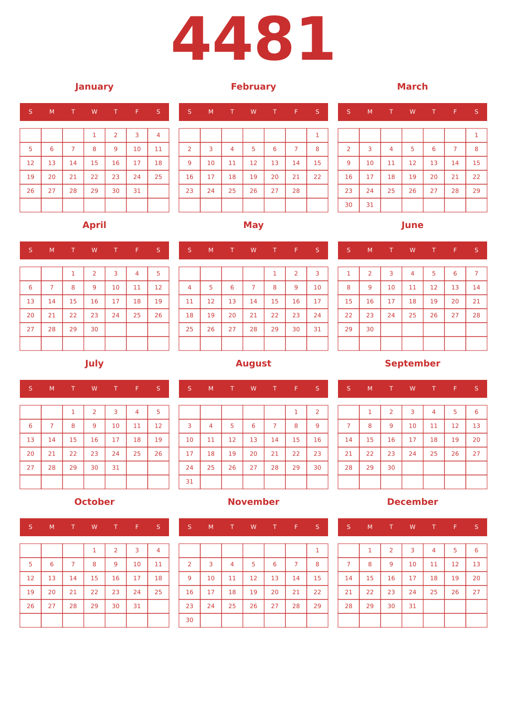Printable 4481 Year Calendars red