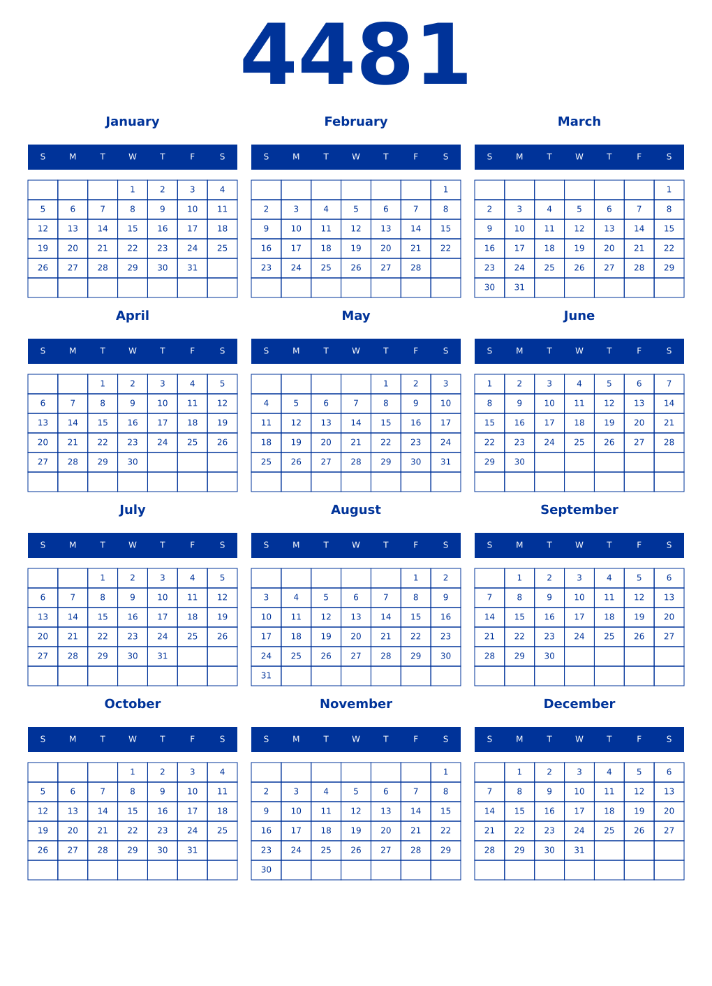 Printable 4481 Year Calendars smalt
