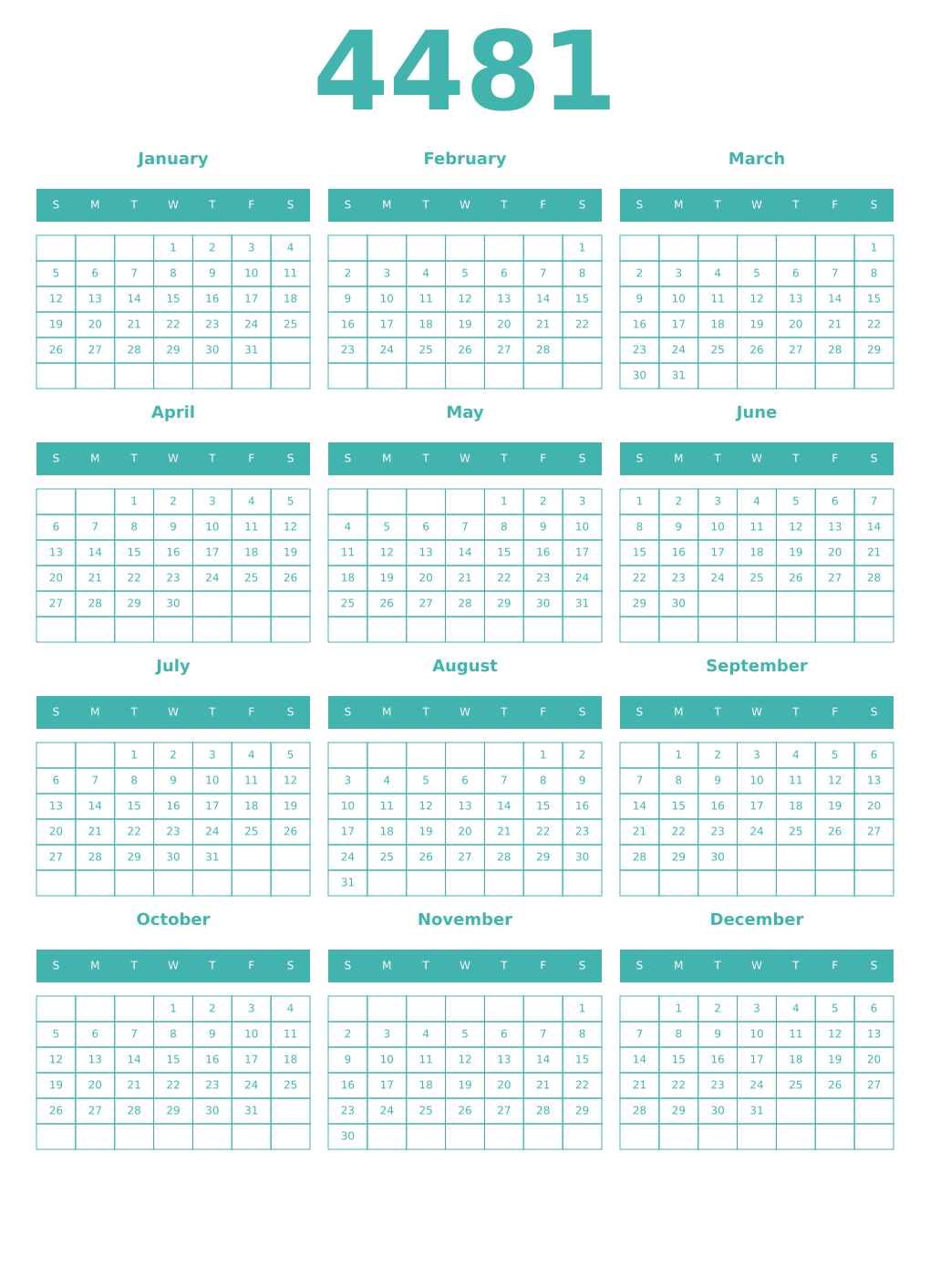 Printable 4481 Year Calendars verdigris