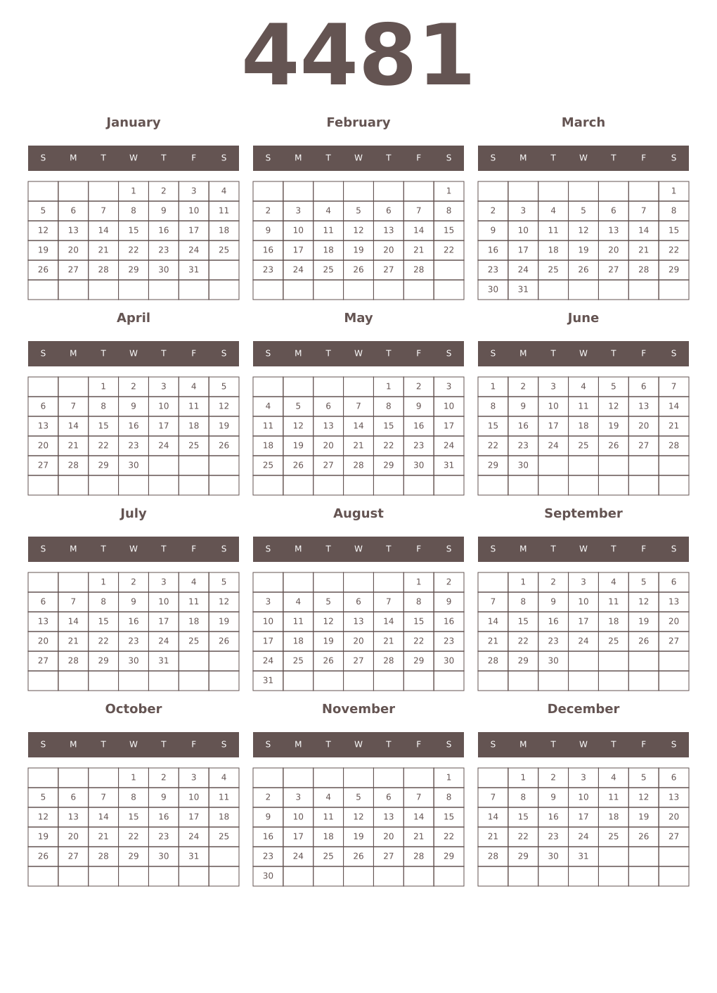 Printable 4481 Year Calendars wenge