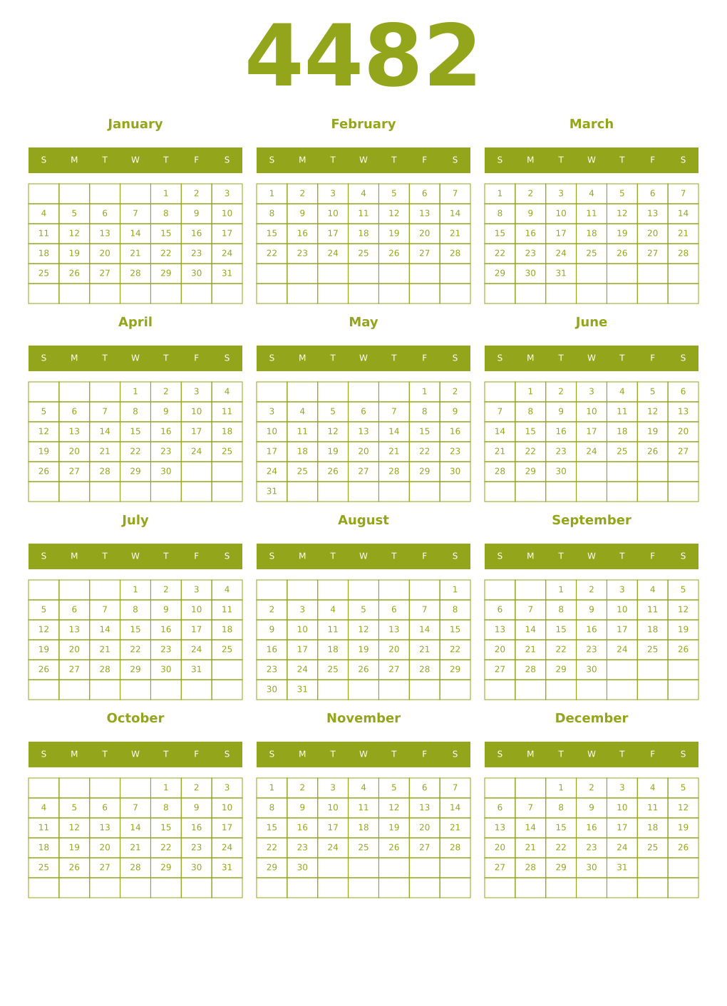Printable 4482 Year Calendars chartreuse