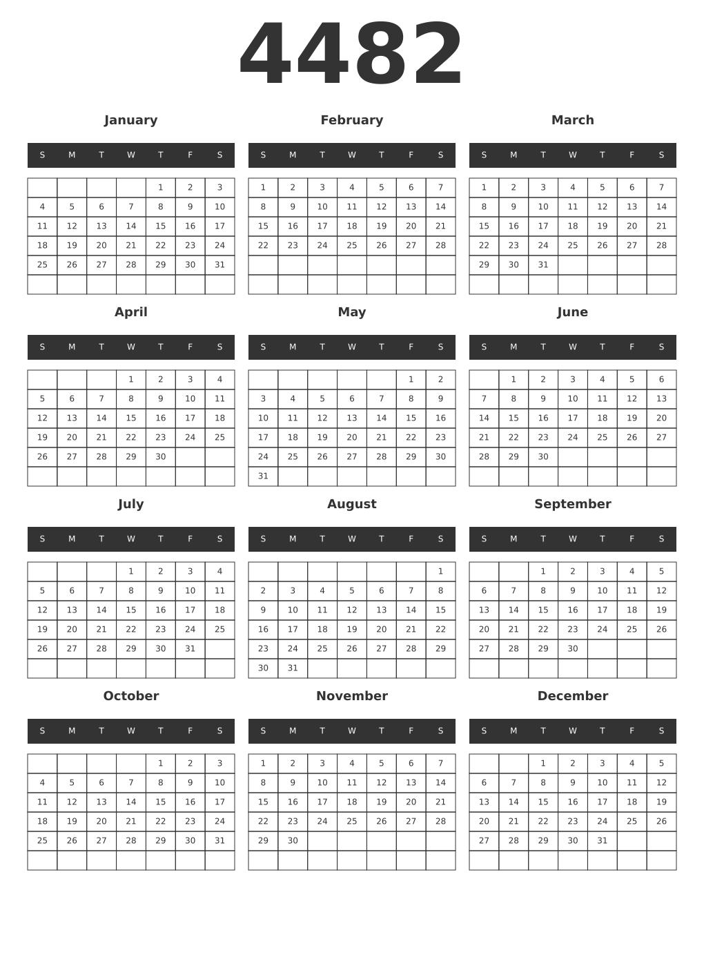 Printable 4482 Year Calendars dark