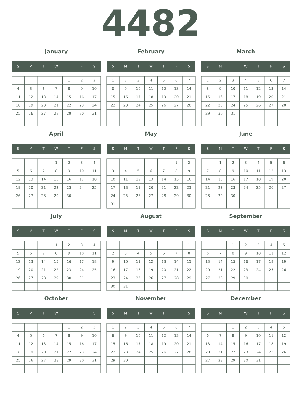 Printable 4482 Year Calendars feldgrau