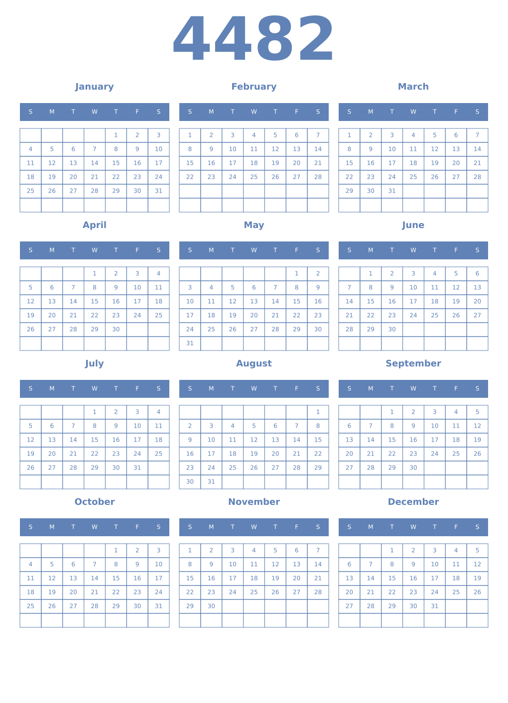 Printable 4482 Year Calendars glaucous