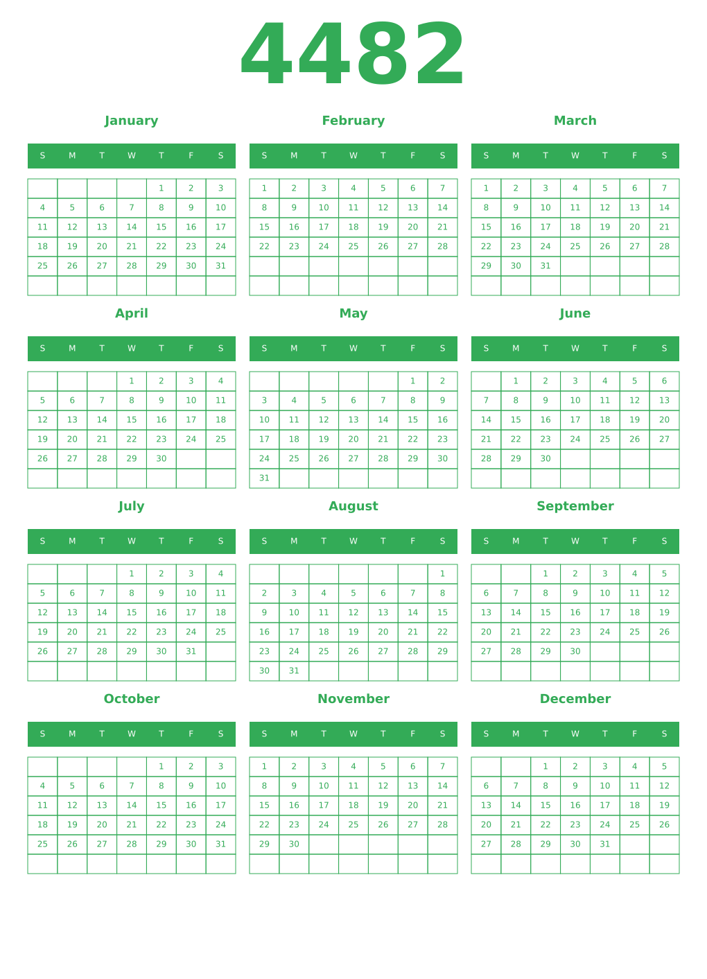 Printable 4482 Year Calendars green