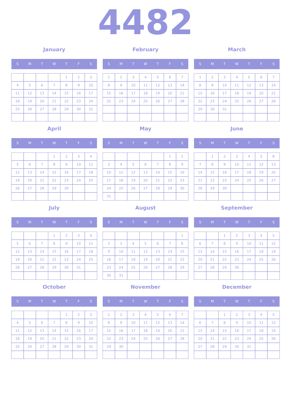 Printable 4482 Year Calendars periwinkle