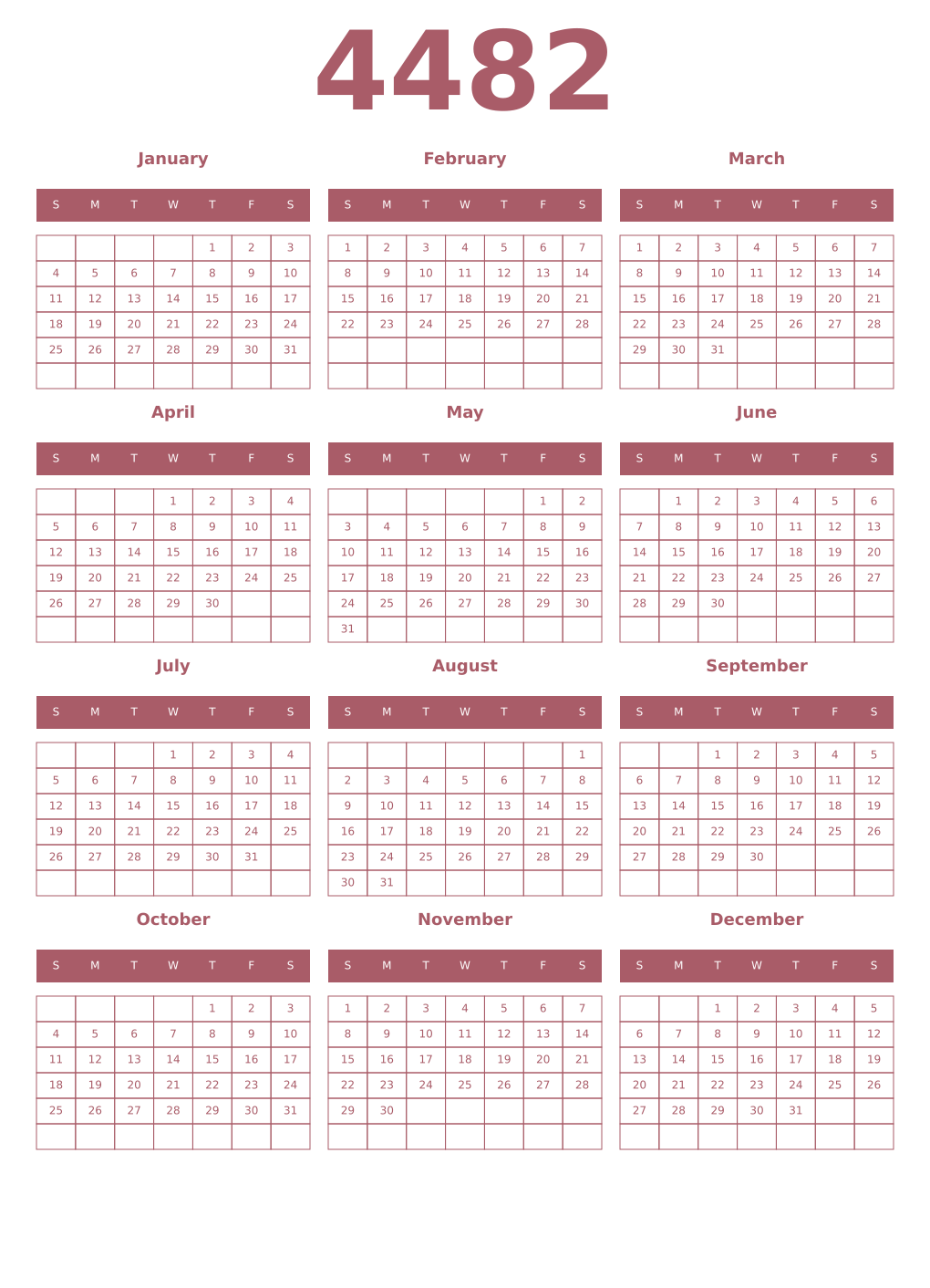 Printable 4482 Year Calendars puce