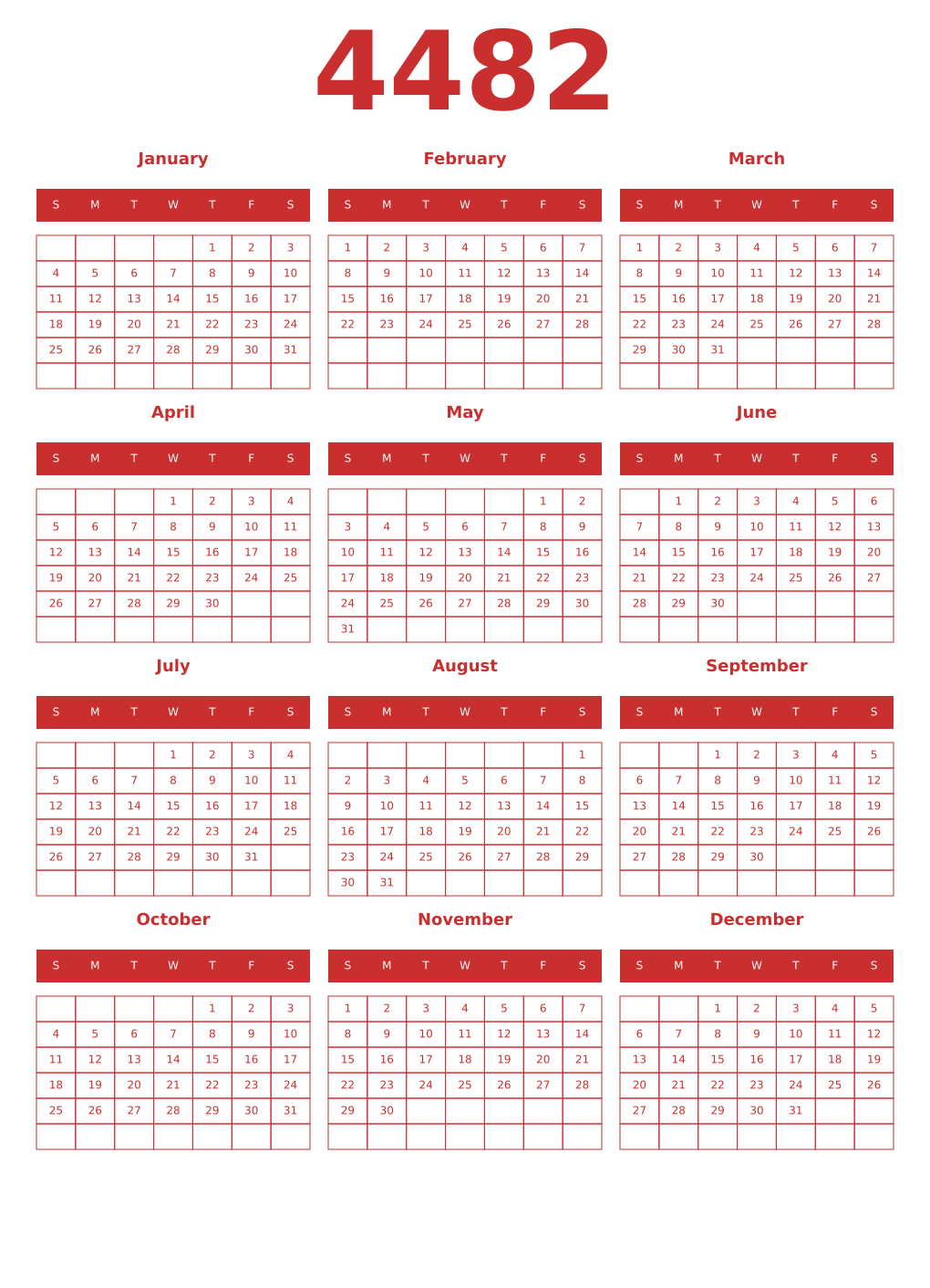Printable 4482 Year Calendars red