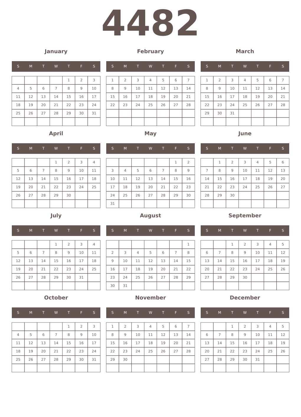 Printable 4482 Year Calendars wenge