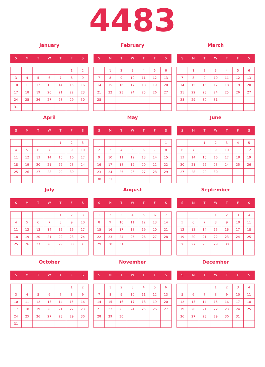 Printable 4483 Year Calendars amaranth