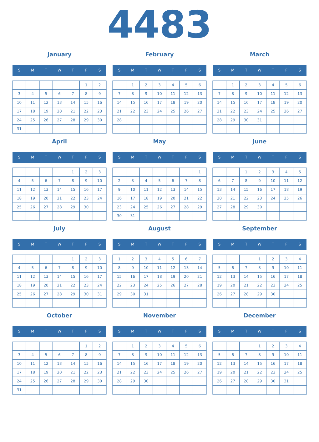 Printable 4483 Year Calendars blue