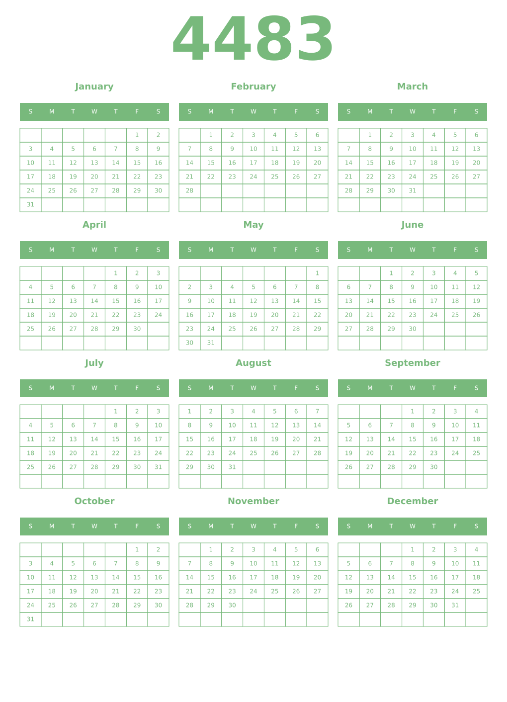 Printable 4483 Year Calendars celadon
