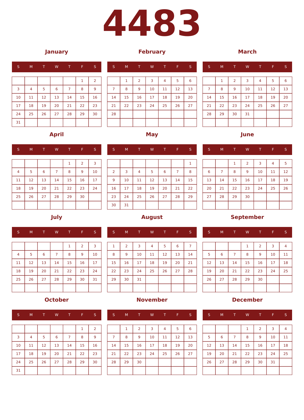 Printable 4483 Year Calendars falu