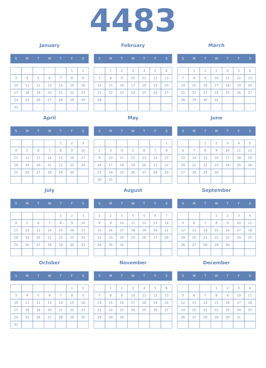 Printable 4483 Year Calendars glaucous