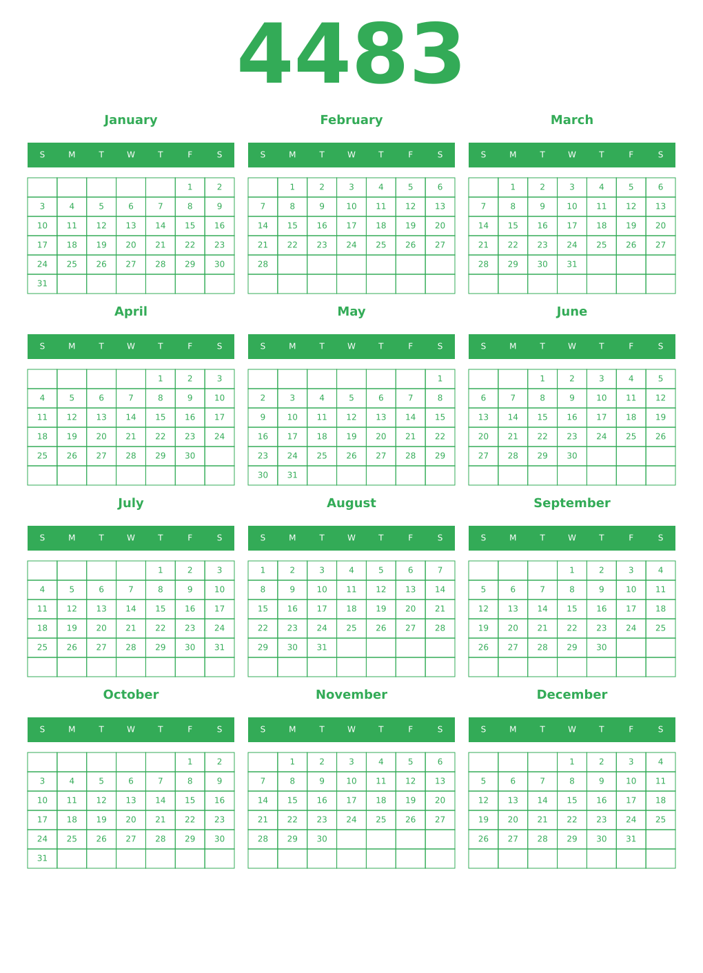 Printable 4483 Year Calendars green